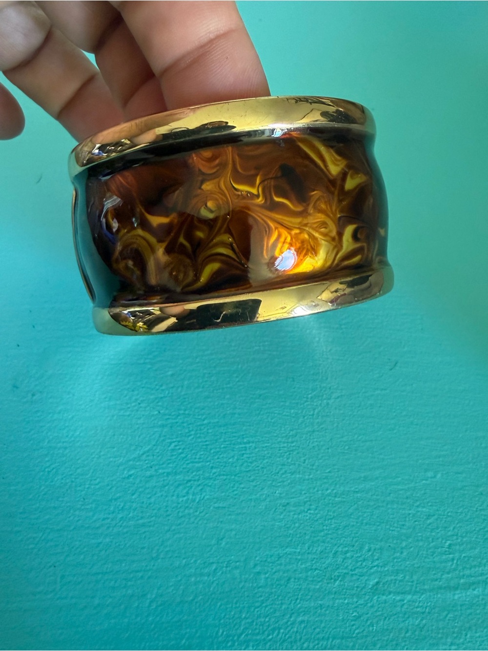 Vintage Enameled Goldtone Wide Cuff Hinged Bangle Brown and Gold